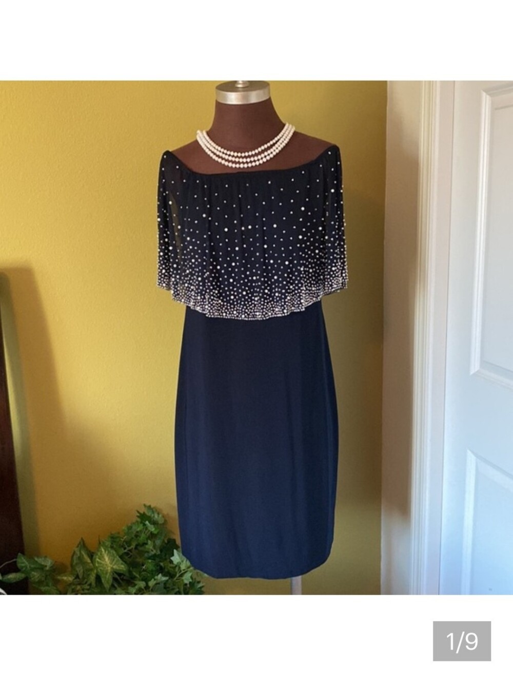 MSK Navy Off-Shoulder Beaded Cape Dress Sz. L